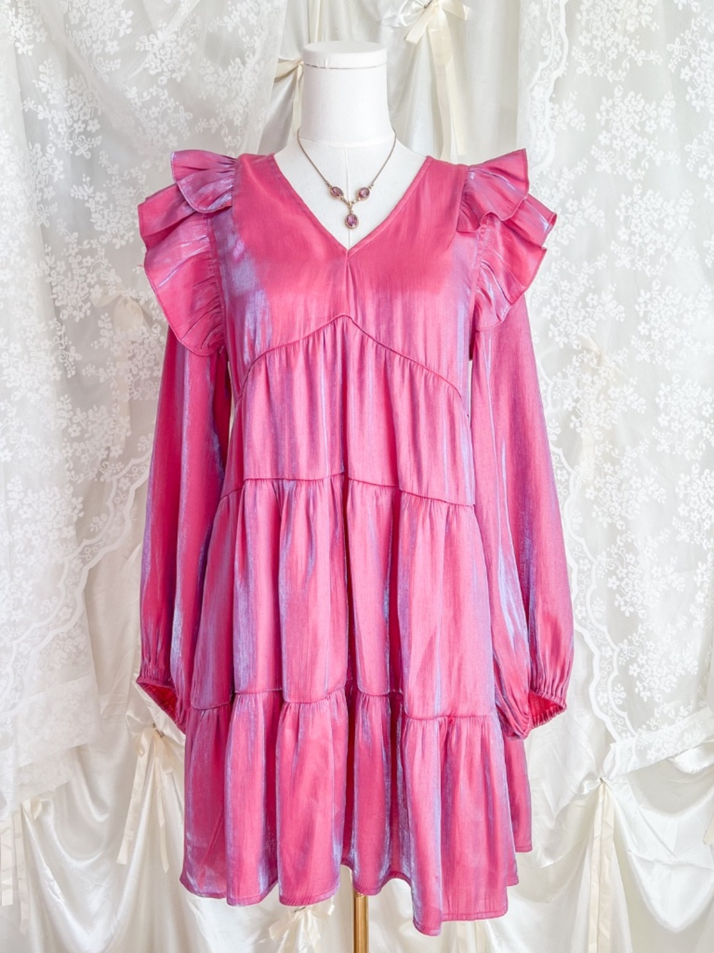 Umgee Pink Glowy Ruffle Sleeve Mini Dress – Fairycore Prairie Babydoll Dress - Picture 3 of 5